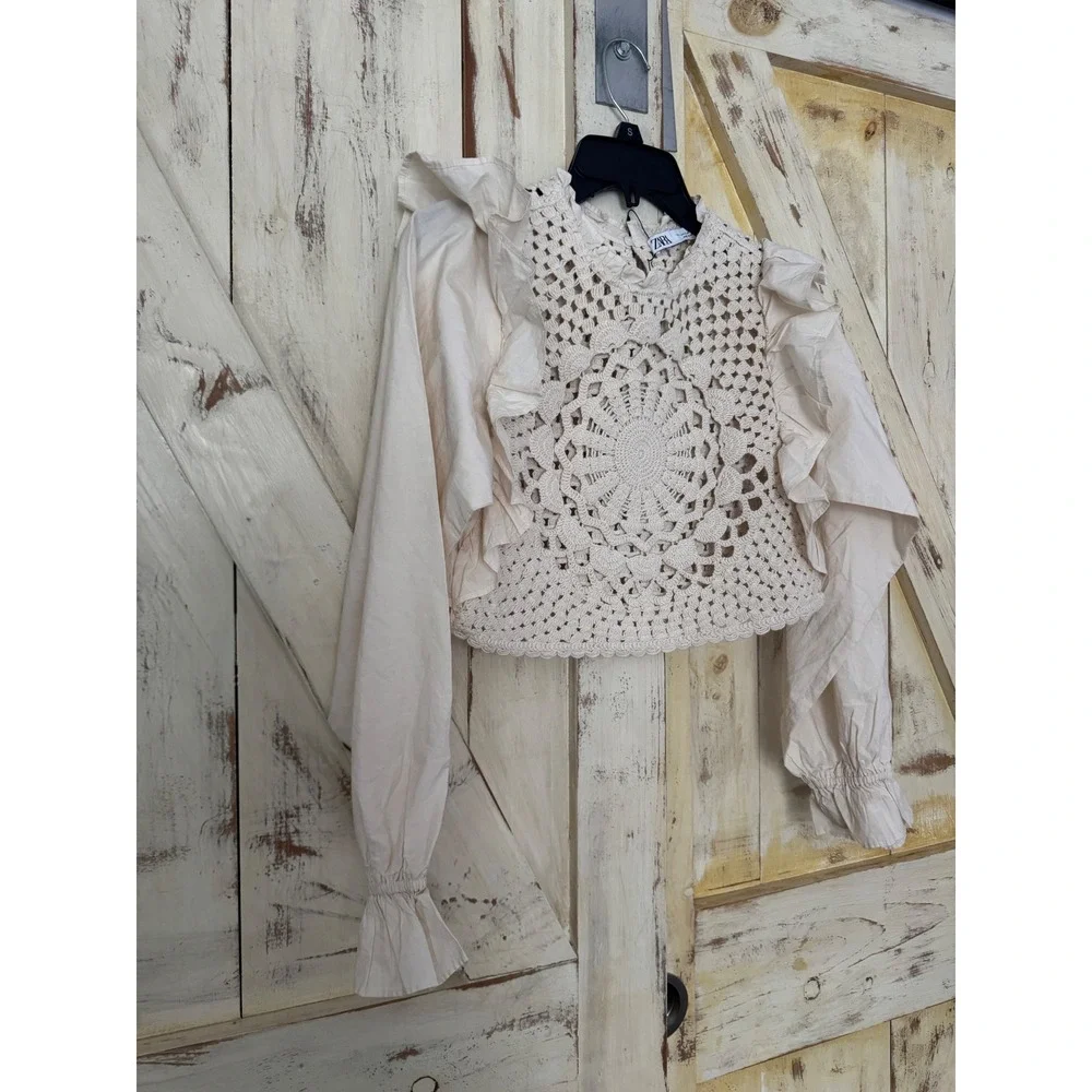 ZARA Crop Top Boho Prairie Crochet Ivory Cream Long‎ Sleeves Size Small